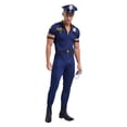 thumbnail image 4 of Uniformes de policía sucios para hombre, uniformes de policía, disfraces de cosplay de policía, mono con cremallera frontal, sombrero, cinturón, esposas, insignia, 4 of 5