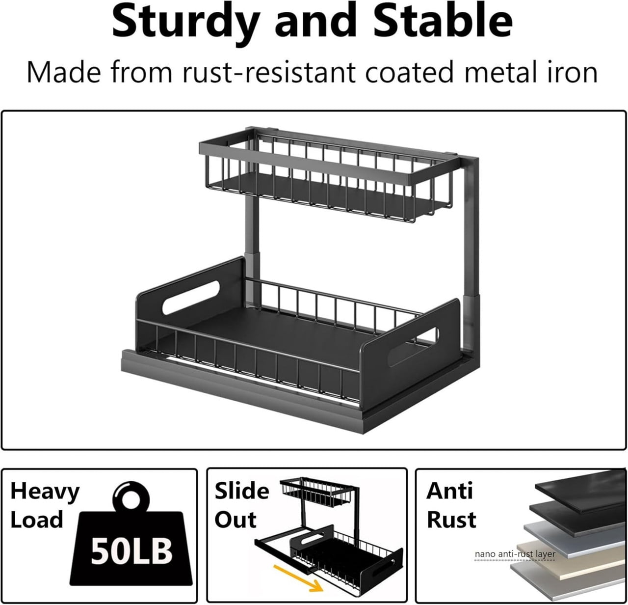 2-Tier L-Shape Under Sink Organizer, Slide Out Metal Kitchen & Bathroom Storage Rack, Kitchen Cabinet Organizer, 1 Pack