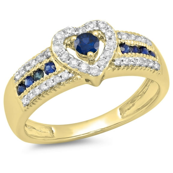 0.55 Carat (ctw) 18K Yellow Gold Round Cut Blue Sapphire & White Diamond Ladies Bridal Heart Shaped Promise Engagement R
