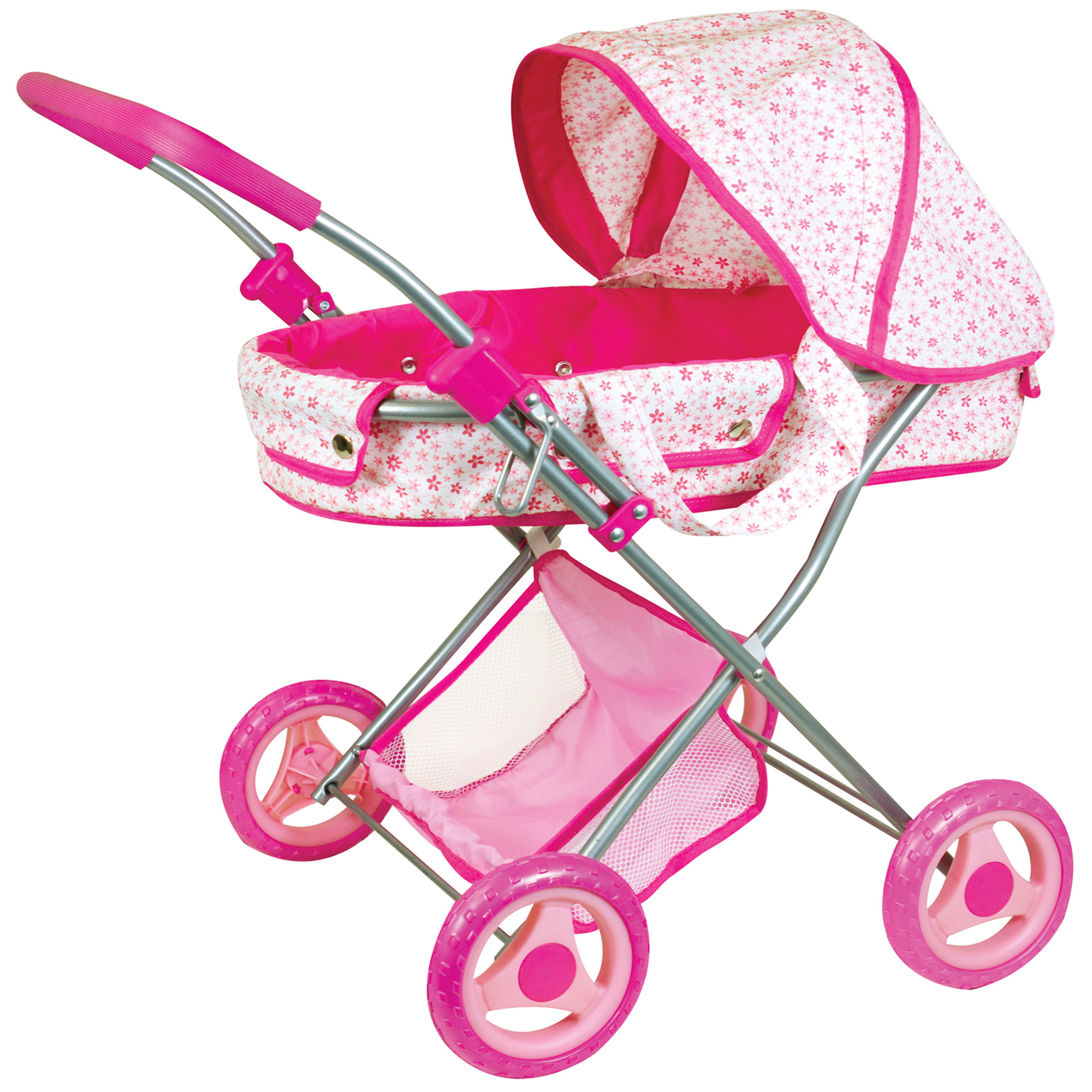 Lissi: Deluxe Pram & 13" African American Baby Doll - Pink - Floral Design Push Stroller, Removable Cot & Storage Basket, Feeding Accessories, Kids 3+