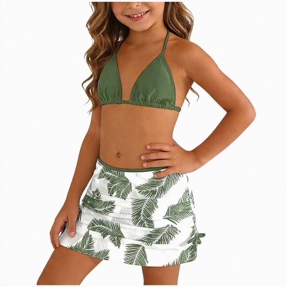 felwors Teen Girls Bikini Swimsuits 3 Pieces Floral Spaghetti Strap Tops Triangle BotToms Bikini Sets with Solid Bikini Tops (11-12 Years, Green)