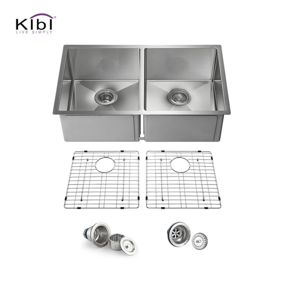 33 Inch Handcrafted Undermount Double Bowl Stainless Steel Kitchen Sink with Strainers and Grids