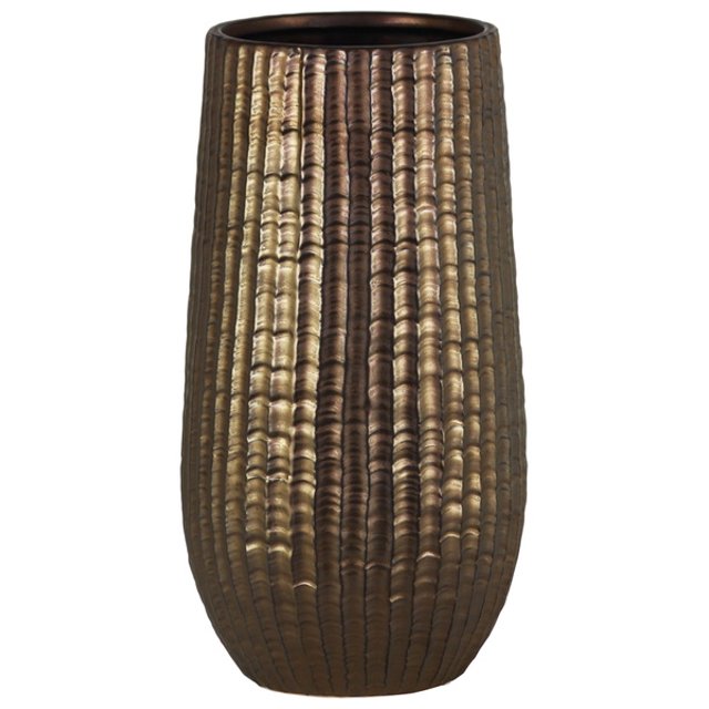 Cylindrical Stoneware Vase With Engraved Zigzag Design, Large, Bronze
