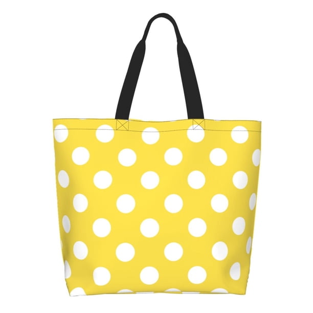 Fotbe Yellow And White Polka Dot Bolsa Tote Estética de Lona con Estampado para Mujer - Bolsa Reutilizable de Hombro Casual para Vacaciones, Compras, Trabajo y Gimnasio