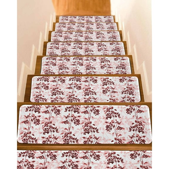 Red Botanical Stair Treads for Wooden Steps Indoor Runner Rug Carpet, Vintage Nature Flower Floral 4 Pieces Peel and Stick Staircase Step Treads Covers Washable Throw Door Mats, 30"x8"