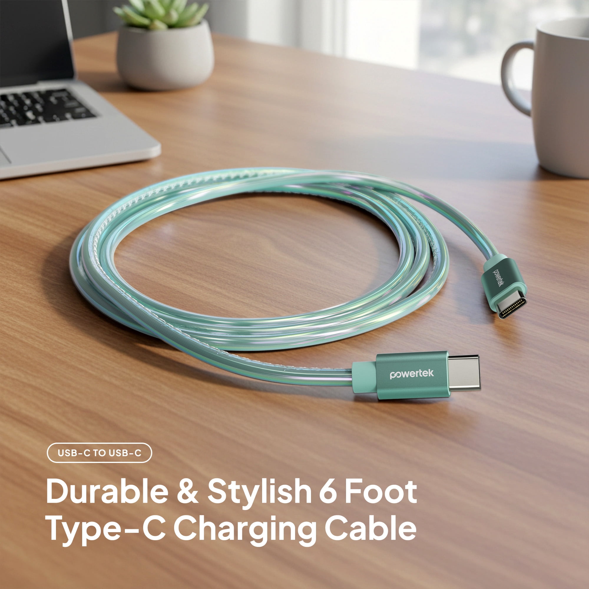 Powertek USB-C to USB-C (Type-C) Metallic Shine Pastel Fast Charging Cable, 60W, 6 ft, Mint