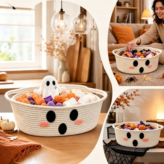 Halloween Candy Basket, Trick or Treat Basket, Handled Open Bin for Treats and Snacks, for costume parties, entry tables and seasonal storage