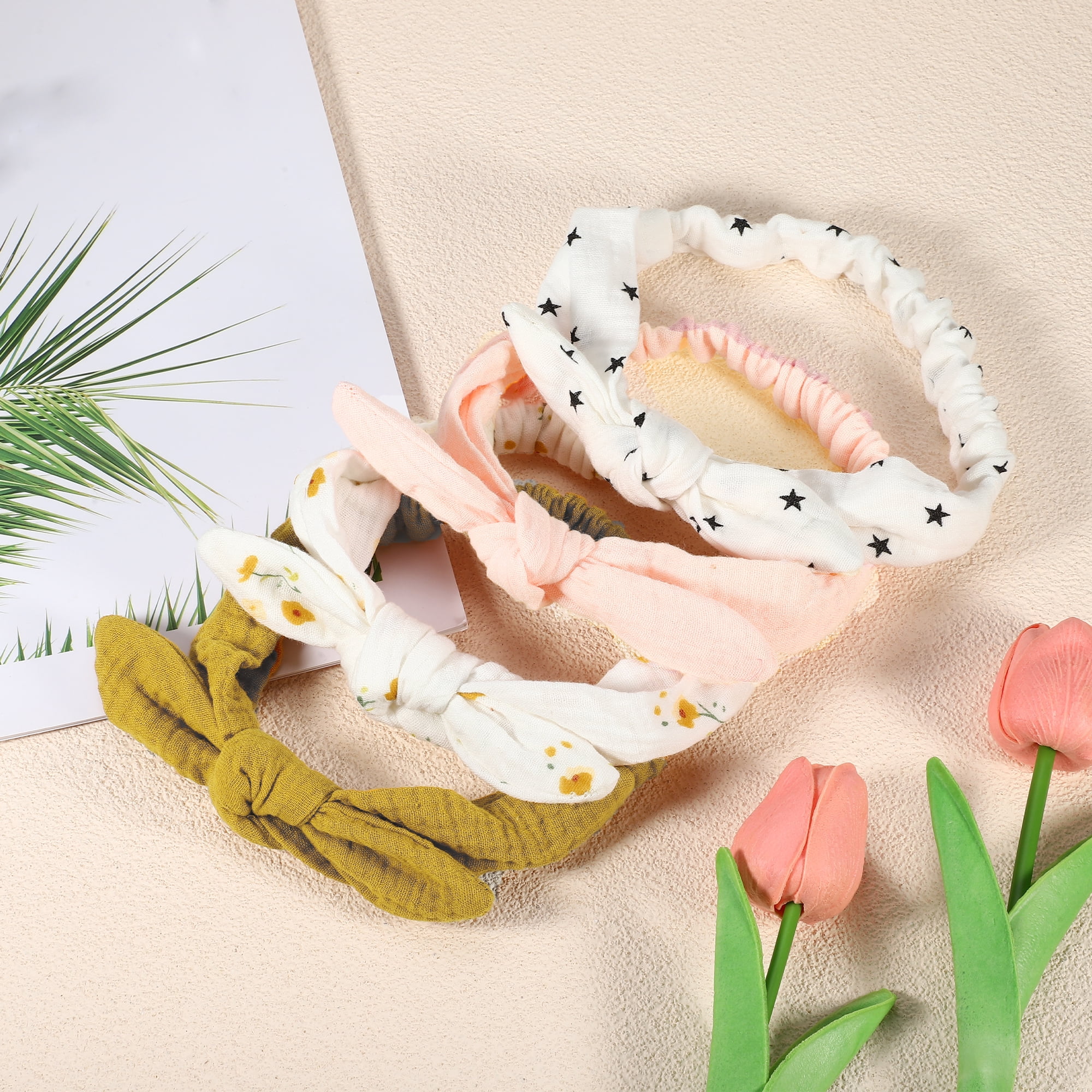 Unique Bargains Fashion Wide Side Knotted Headbands for Girls 7.48"x1.97" Pink Yellow 4 Pc