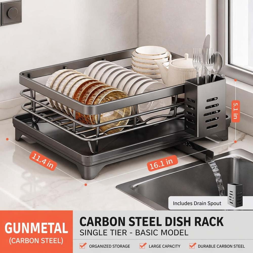 Foldable Over Sink Dish Drying Rack, Pull-Out 2-Tier Dish Drainer with Utensil Holder, Space Saving Kitchen Organizer for Small Kitchens