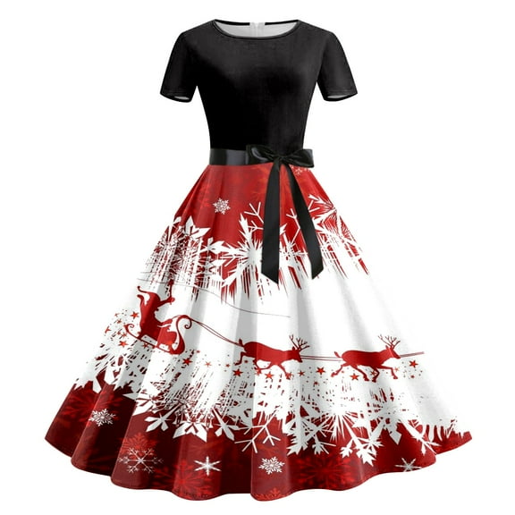 Women Christmas Outfit 1950s Christmas Themed Women's Party Dress with Festive Print Short Sleeve Elegant Evening Attire for Holiday Gatherings Red S