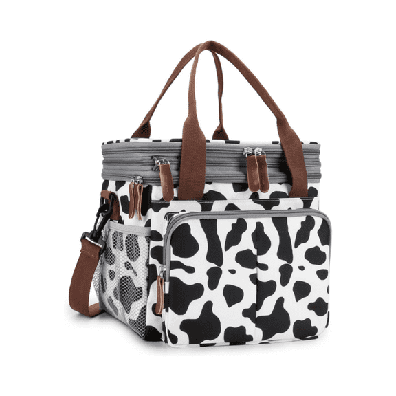 Lunch Bag Insulated Expandable Lunch Box for Women - Reusable Adults Floral Lunch Tote Bag Lunch Box for Office Work Picnic (Cow Print)
