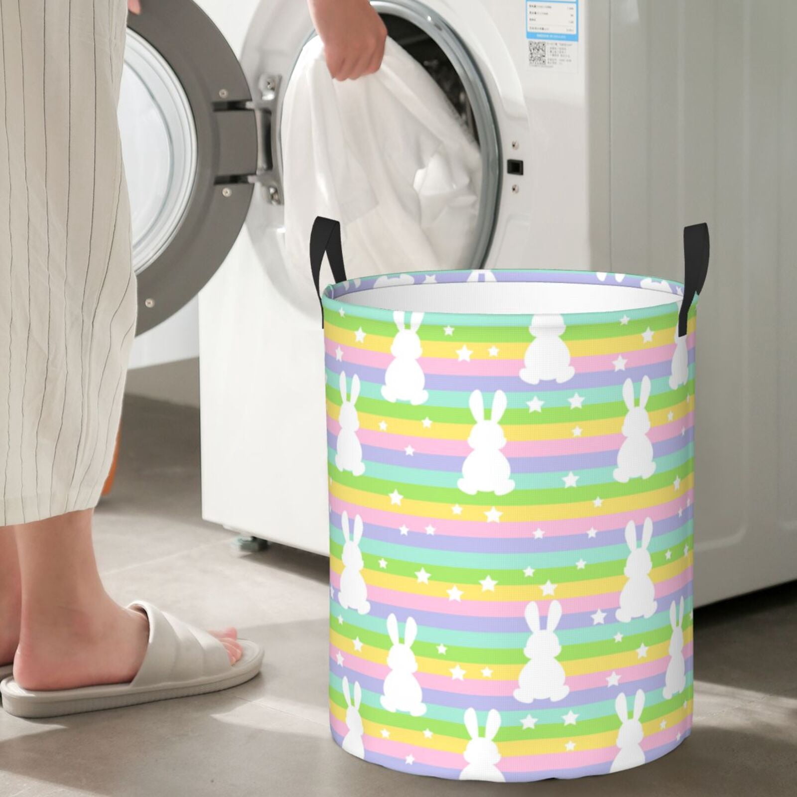 Large Laundry Basket with Handles - Stripes Stars Cute Rabbit White Kids Baby Dirty Clothes Laundry Hamper for Bedroom Aesthetic