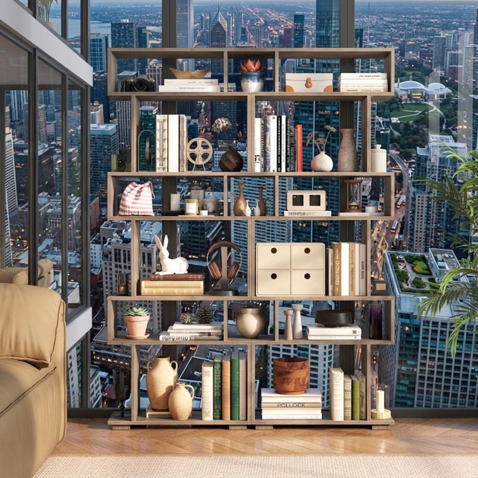 Furnibear 6-Tier Geometric Bookshelf with 2 Anti-Tipping Kits for Home Office for Living Room Home Office Bedroom Display Storage Shelf, Oak