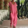 thumbnail image 2 of QATAINLAV Plus Size Overalls with Pocket for Women 2025 Short Sleeve V Neck Jumpsuits Baggy One Piece Wide Leg Romper Solid Casual Loungewear Pink XXXL Dollar Sales, 2 of 7