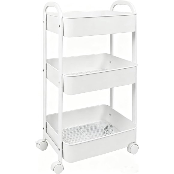 Chariot Utilitaire à 3 Niveaux avec Roulettes Pivotantes, Assemblage Facile, pour Cuisine, Salle de Bain (Blanc)