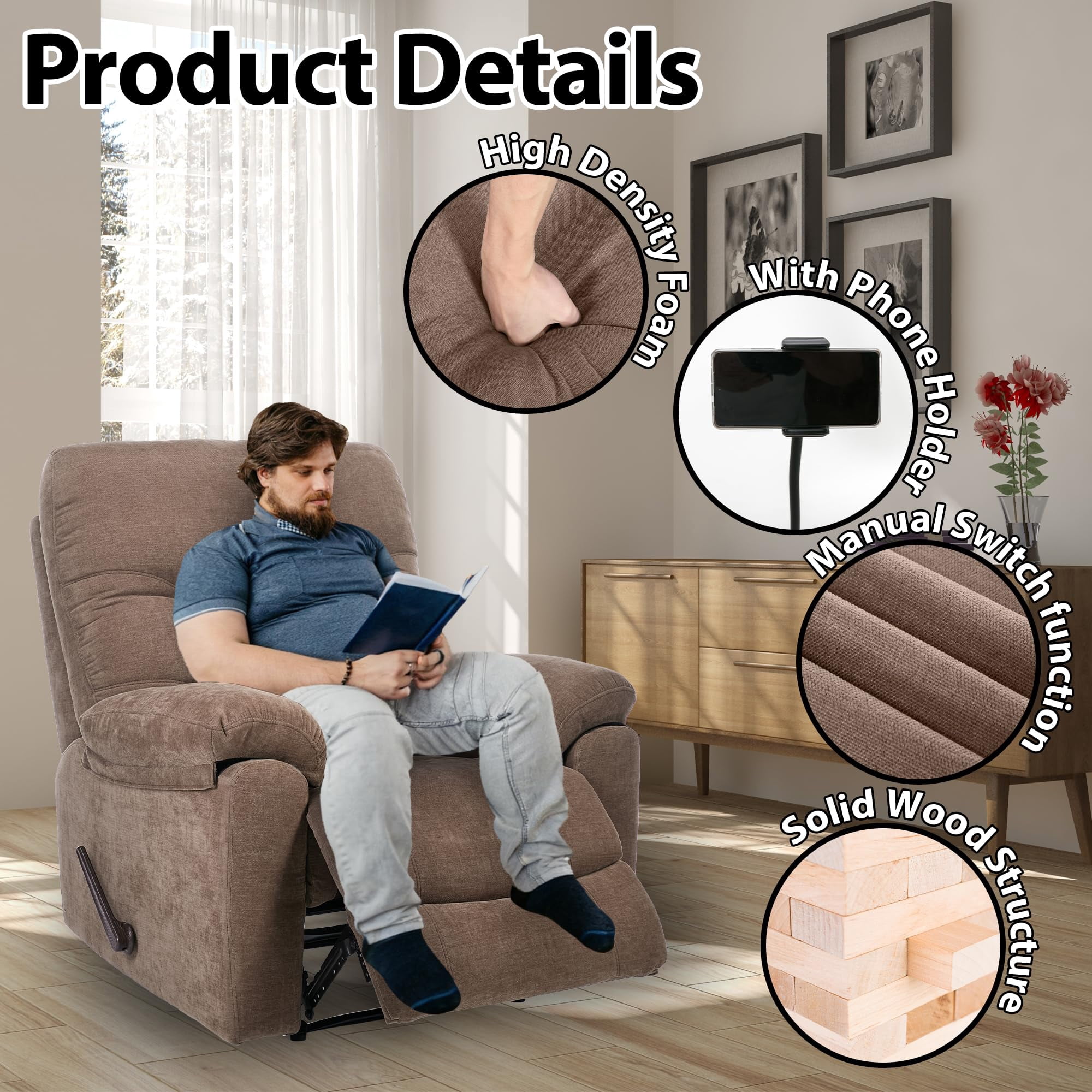 Brown Overstuffed Lounge Chair with Footrest Extra Large Recliner Chair with 22-Inch Wide Seat, Manual Reclining Lounge Chair with Footrest, Comfortable Living Room Accent Recliner
