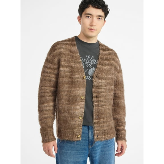 No Boundaries Stripe V Neck Brushed Cardigan Sweater with Long Sleeves, Men's & Big Men's