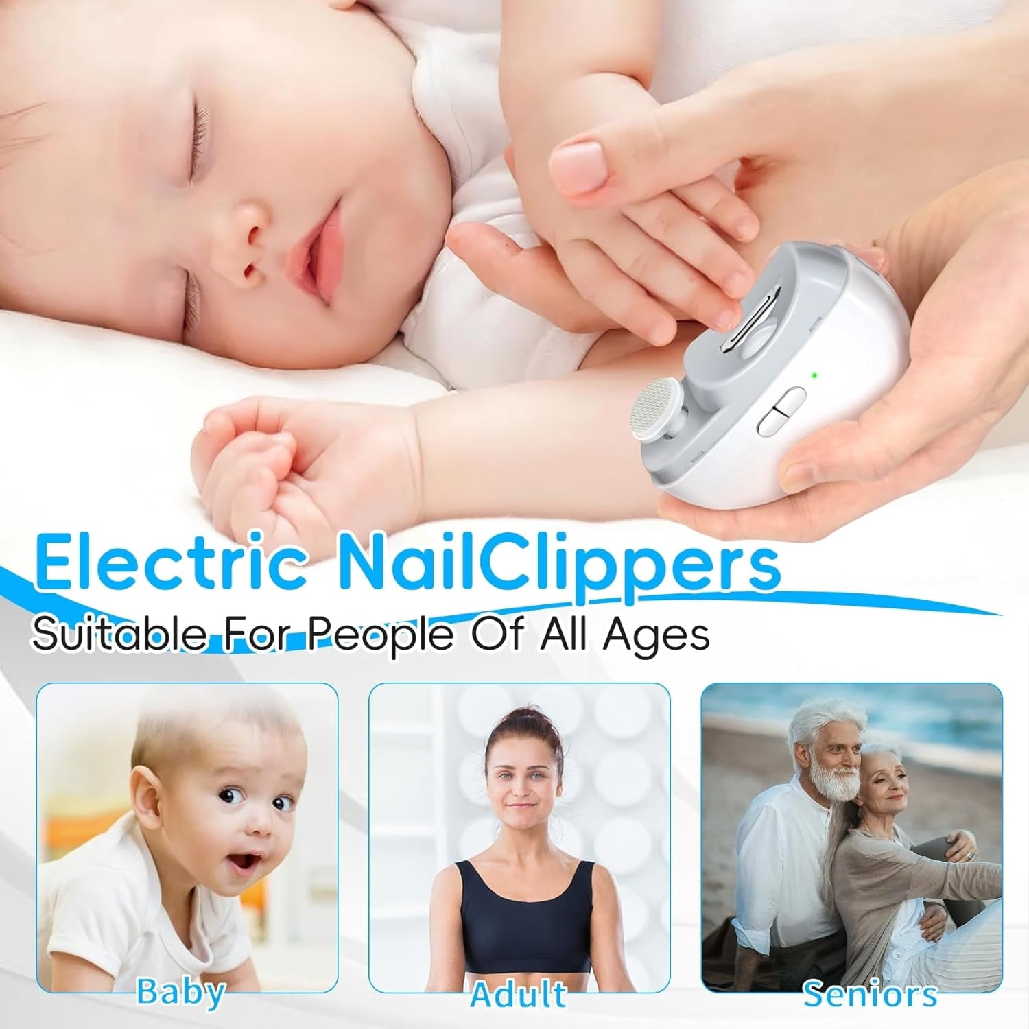 Electric Nail Clipper Upgrade 3 in 1-with Polishing,LED Lights,Nail Chip Storage Electric Nail Trimmer,with USB Charging, 2 Speed Levels for Babies, Seniors and Adults (White)