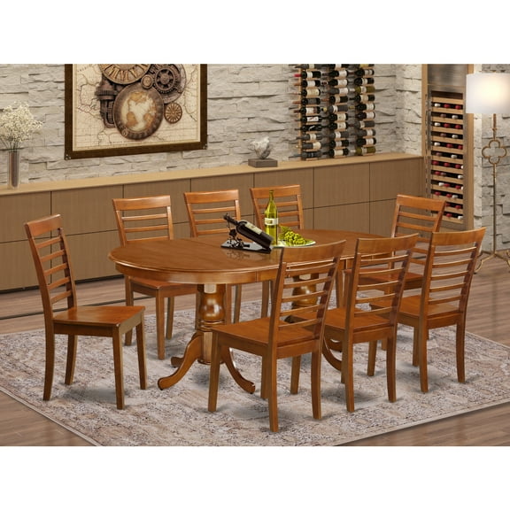 East West Furniture Plainville 9-piece Wood Dining Set in Saddle Brown