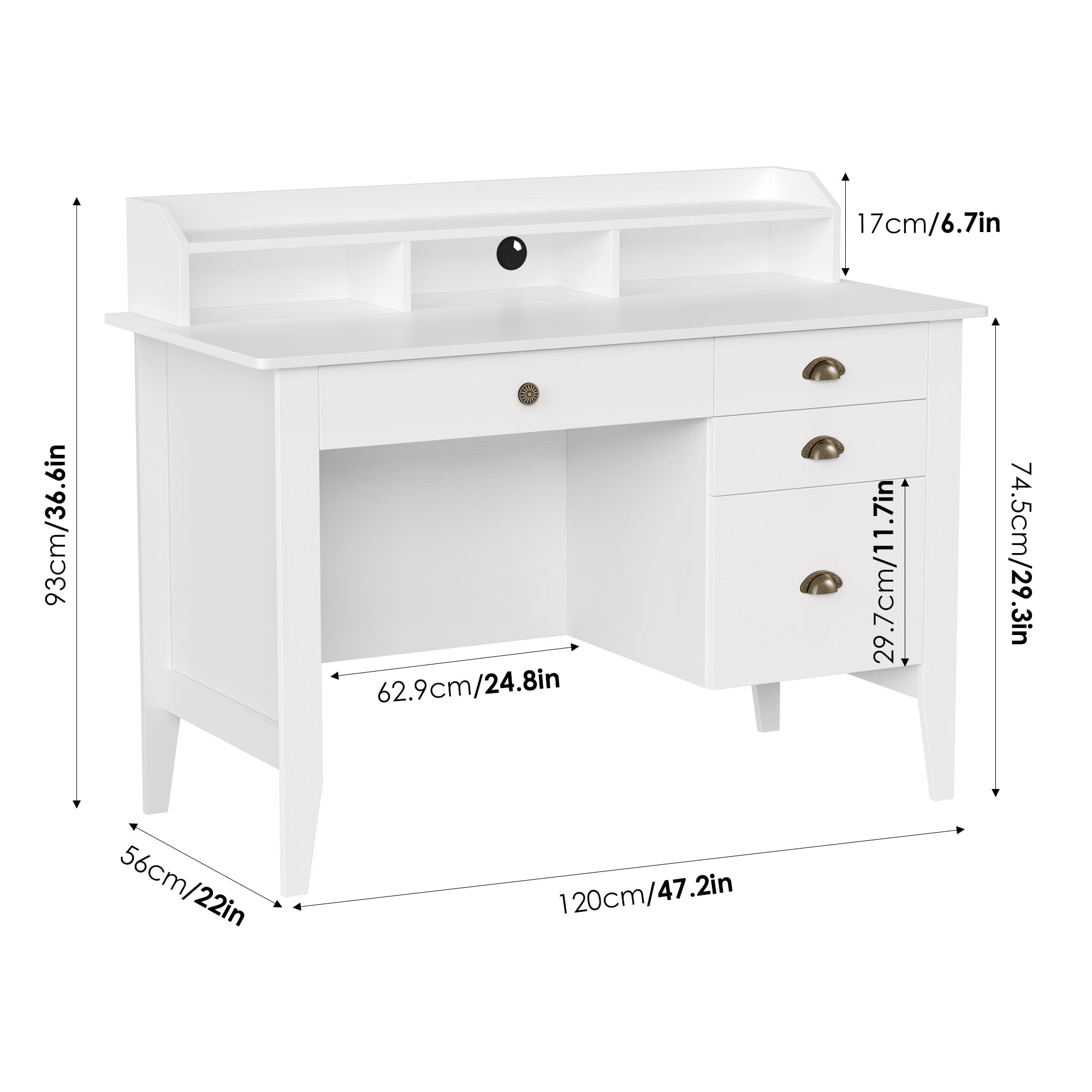 Homfa 47.2 Inch White Computer Desk with Drawers & Cabinet, Home Office Desk with Cable Management, Study Writing Desk for Bedroom Living Room