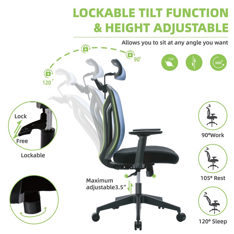 Office Chair, High Back Mesh Chair Ergonomic Home Desk Chair Adjustable Headrest, and Armrest Executive Computer Chair with Hanger and Soft Foam