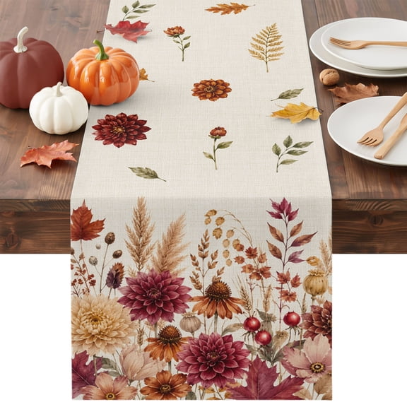 Red Yellow Orange Fall Table Runner - 36 Inch Long Autumn Floral Botanical Vintage Cotton and Linen Blended Dress Scarves Farmhouse Table Runner for Kitchen Dining, Coffee Table, 13" x 36"