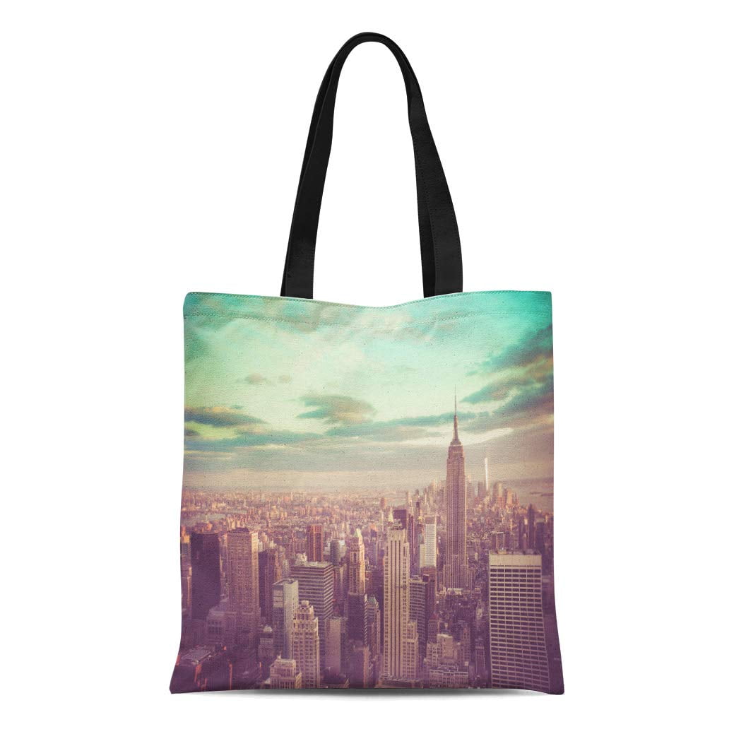 SIDONKU Canvas Tote Bag Skyline New York City Manhattan Vintage Tone Filter Nyc Durable Reusable ...