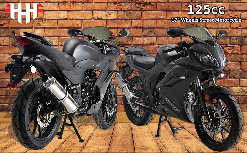 -HHH 125cc Motorcycle with Manual Transmission 125cc Scooter LED Lights and 17 inches Wheels (Black)