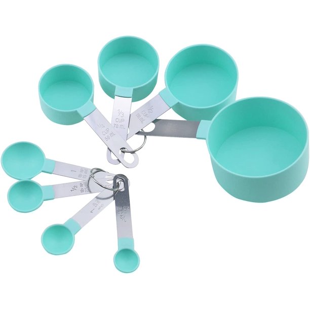 Juego de tazas y cucharas medidoras apilables de plástico verde, 4 tazas, 4 cucharas, con mango de acero inoxidable para cocinar y hornear