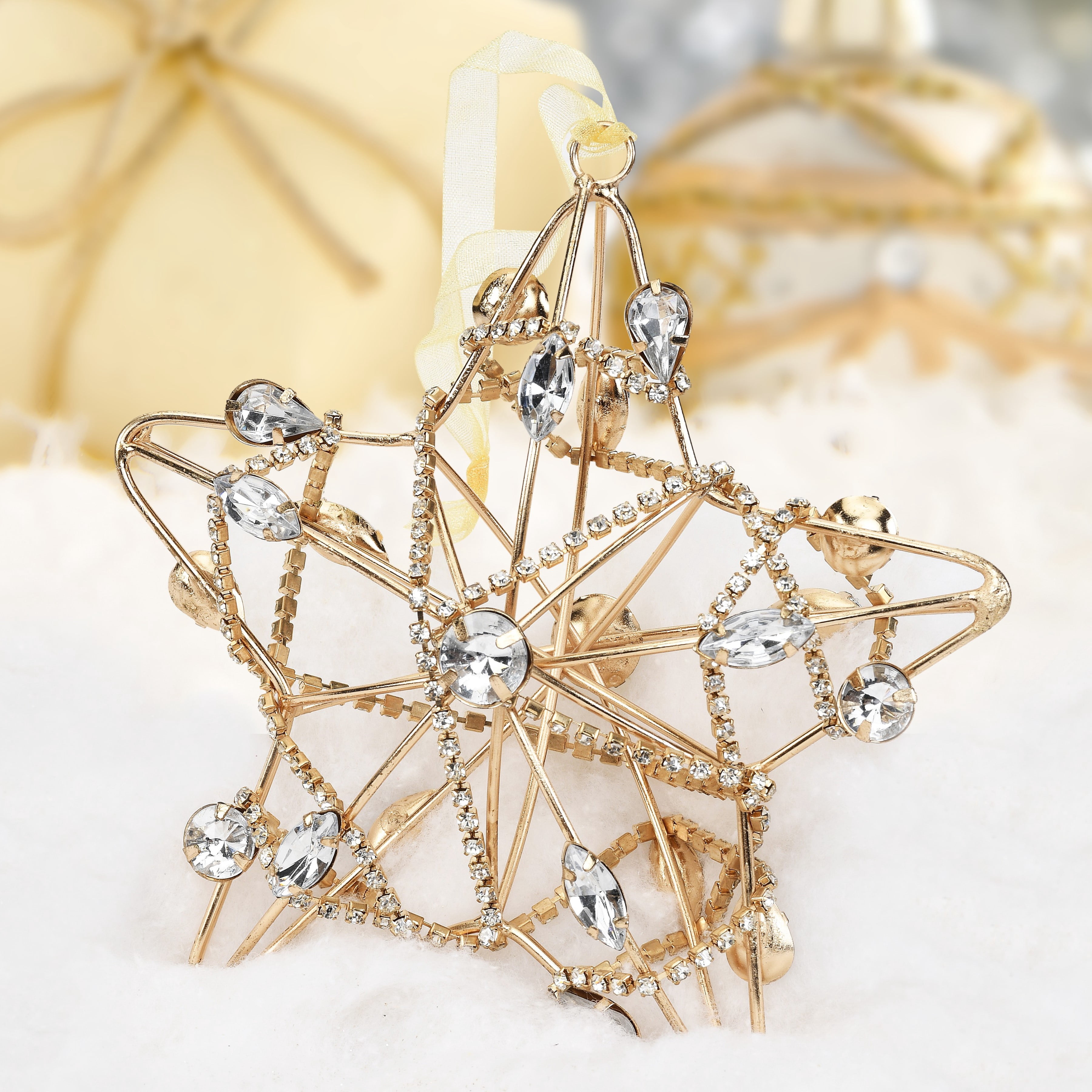 LR Home Gold and Silver Shining Crystal Chain Wrapped Star Ornament, Set of 4
