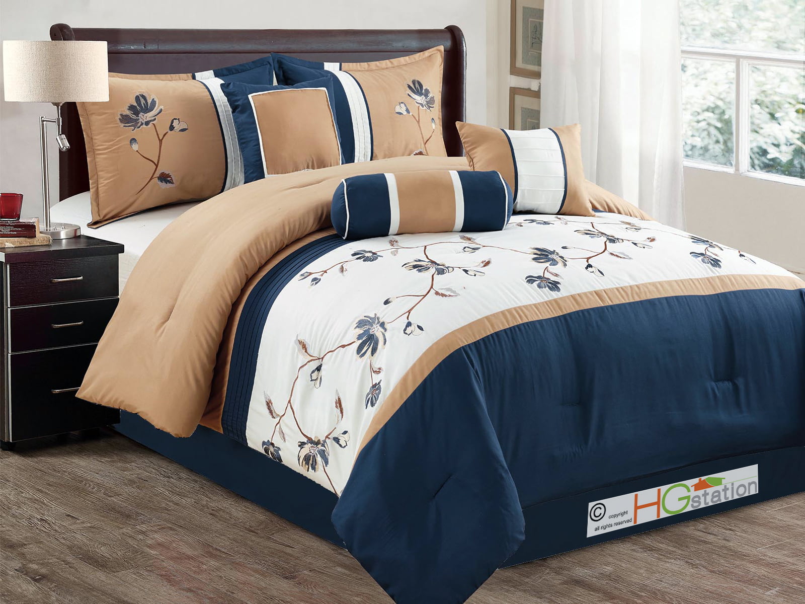 7 Pc Floral Vine Blossom Embroidery Pleated Comforter Set Navy Blue Tan Off White King Walmart Com Walmart Com