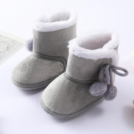 

Toddler Baby Solid Color Plus Velvet Cotton Shoes Newborn Double Pompom Soft Sole Snow Boots Infant First Walker