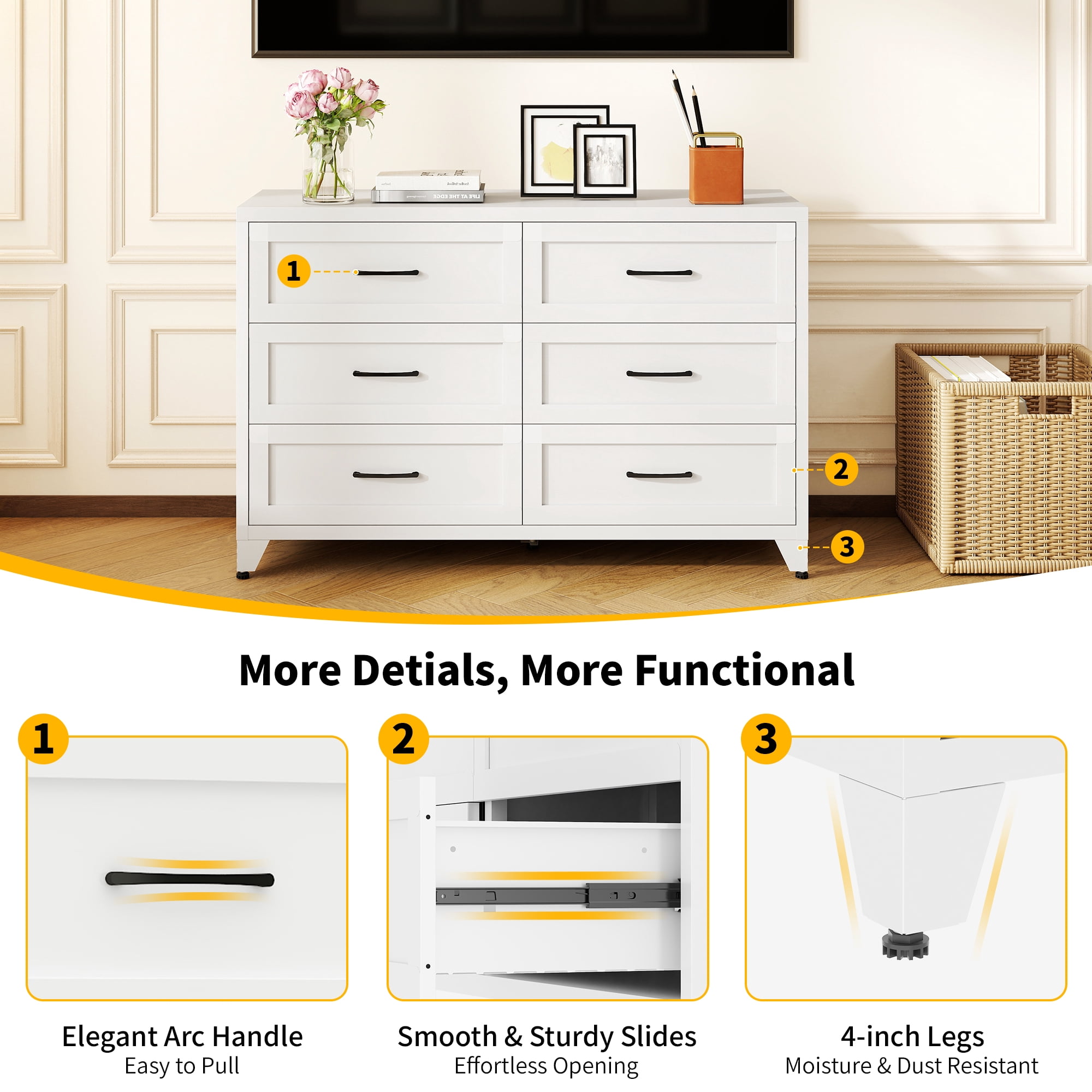 ShiKeyi 6 Drawer Dresser for Bedroom, Modern Metal Wide Storage Chest with Metal Handles and Legs, White