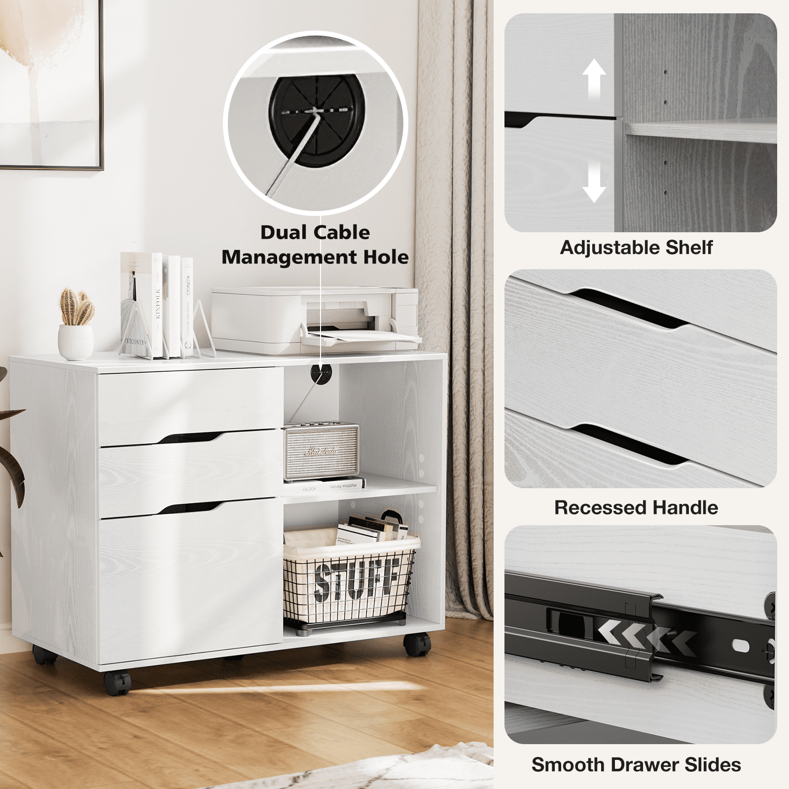 MAYEERTY 3-Drawer Mobile File Cabinet Rolling Filing Cabinet for Home Office Study Room, White