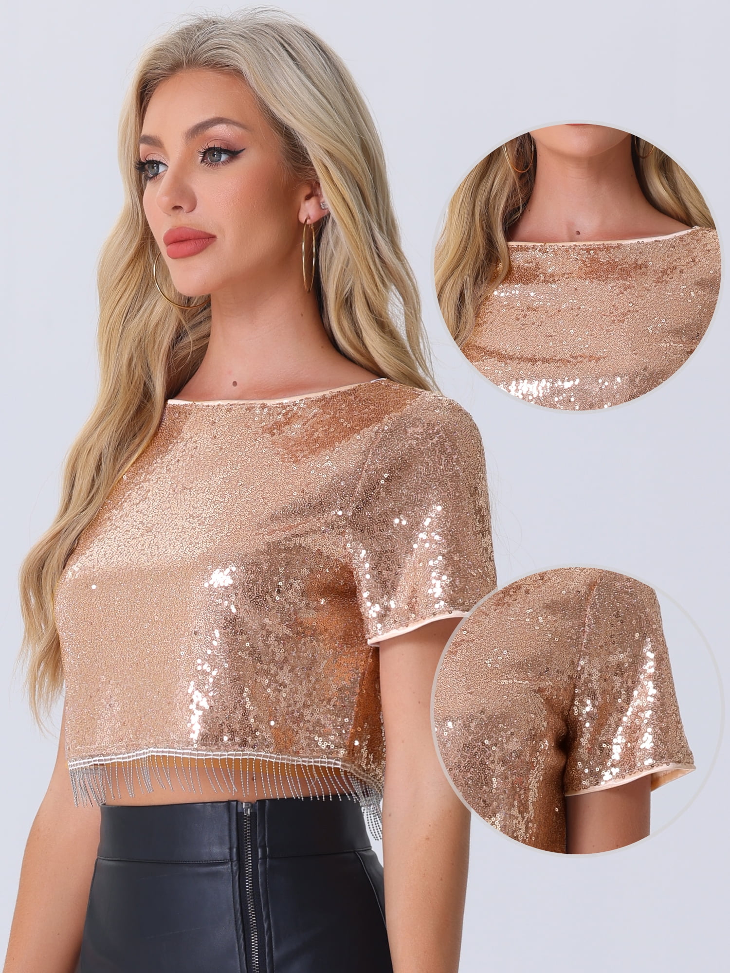 DARING DIVA Short Sleeve Round Neck Cocktail Top S Rose Gold