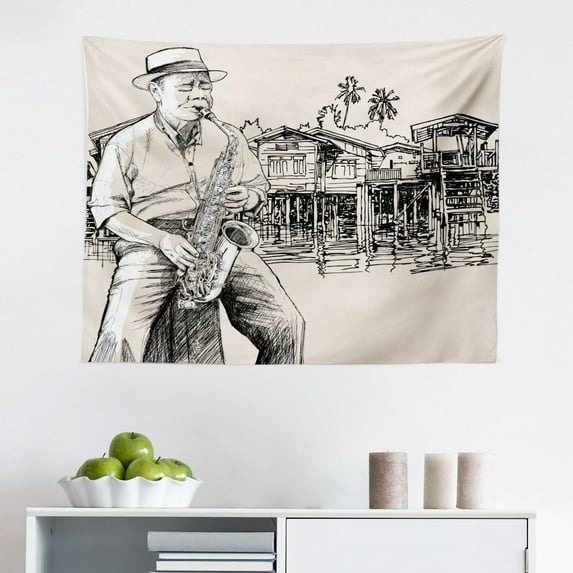 Jazz Music Tapestry, Abstract Cracked Background Piano Keys Themed Print Rhytym Image, Fabric Wall Hanging Decor for Bedroom Living Room Dorm, 2 Sizes, Navy Green White, by Ambesonne