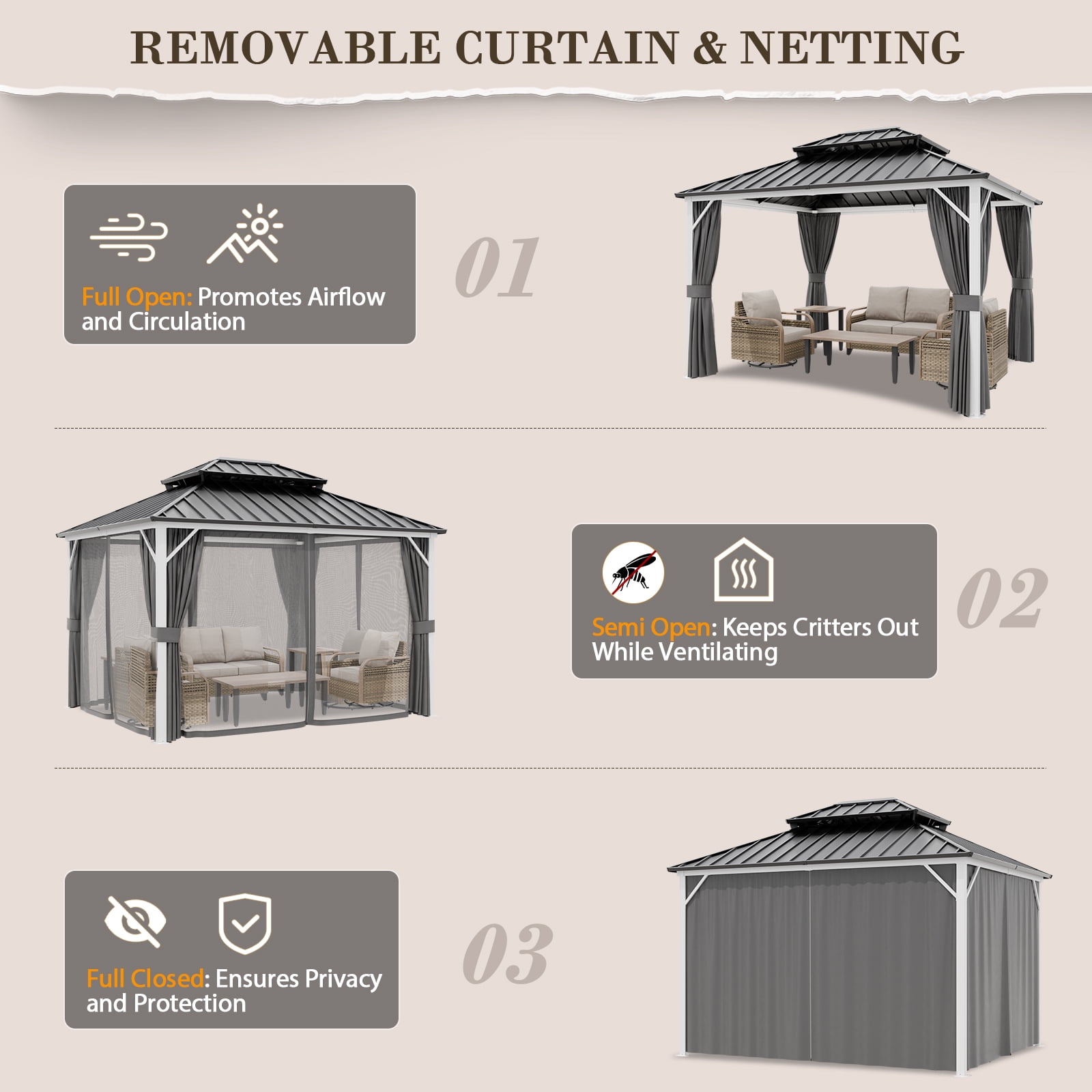 EAGLE PEAK 10'x12' Outdoor Patio Hardtop Gazebo with Aluminum Frame, Galvanized Steel Double Roof with Netting and Curtains, White/Gray