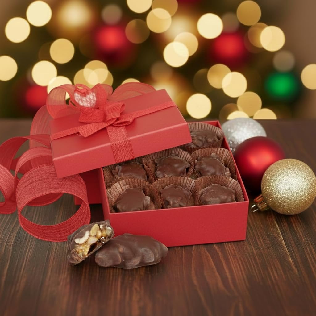 Chocolate Caramel Cashew Nut Clusters Red Gift Box - by It's Delish  12 OZ Premium Dark Chocolate Covered Nuts with Carmel Clusters  Christmas Gifts Box of Chocolates Candy Nut Turtles with...