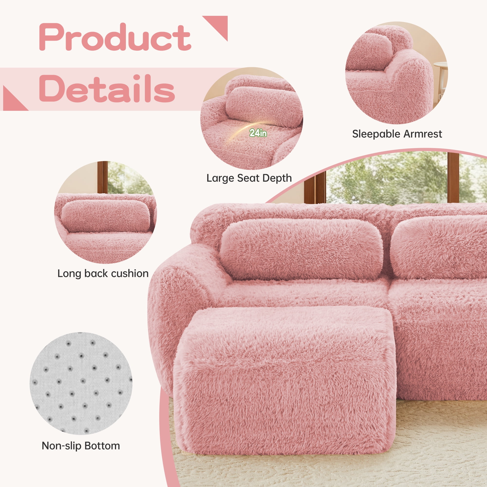 MAYEERTY 149" U-Shaped Boneless Sofa, Pink 32D High Density Foam Ergonomic Couch, Non-Slip Base Vacuum Compression Free Combination No Assembly Design for Living Room Study