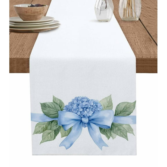 Hydrangea Spring Burlap Cotton Table Runner 18x72 Inches Long, Idyllic Flower Floral Bow Plant Leaf Farmhouse Table Runners, Outdoor Dining Tablecloths Decor for Baby Shower/Party/Wedding
