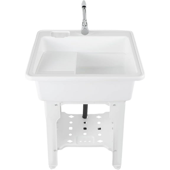 Utility Sink Laundry Tub for Washing Room Freestanding Utility Sink with Washboard Plastic Laundry Sink with Stainless Steel Faucet for Laundry Room Garage
