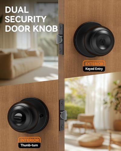 6 Pack Door Knob with Lock, Keyed Same Entry Door Knobs, Interior and Exterior Round Ball Door Lock for Front Bedroom or Bathroom, Door Knobs Matte Black Finish