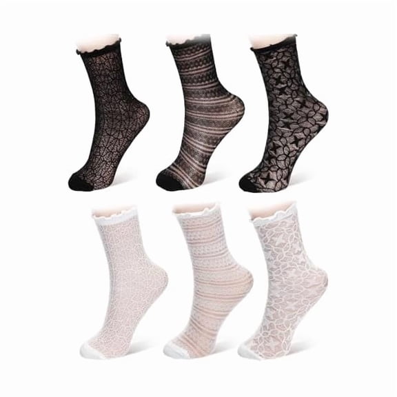 Eryueer 6 Pairs Sheer Socks Women Ruffle Lace Ankle Socks Frilly Sheer Sock for Women Cute Crew Mesh Ruffled Lolita Sock for Ladies Dress
