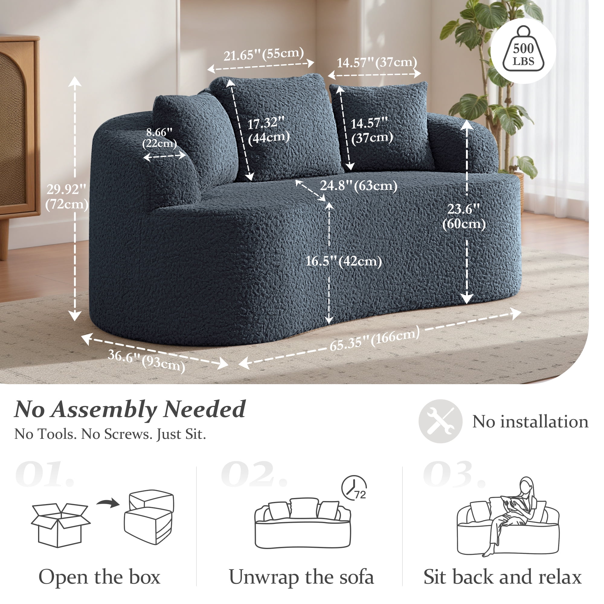 COOLHUT 65" 3 Seater Sofa Couch, Plush Floor Sofa Couch with Cozy Cushions & 3 Pillows, Curved Back Teddy Fabric Sofa for Living Room, Small Space, Navy Blue (Sofa-in-a-Box)