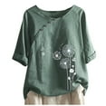 thumbnail image 3 of CHOK Hauts pour Femmes en Liquidation à Moins de 5$ Hauts Décontractés Printemps Été Manches 3/4 Coton Lin Imprimé Graphique Pissenlit Col Rond Blouses Vintage Grande Taille, 3 of 4