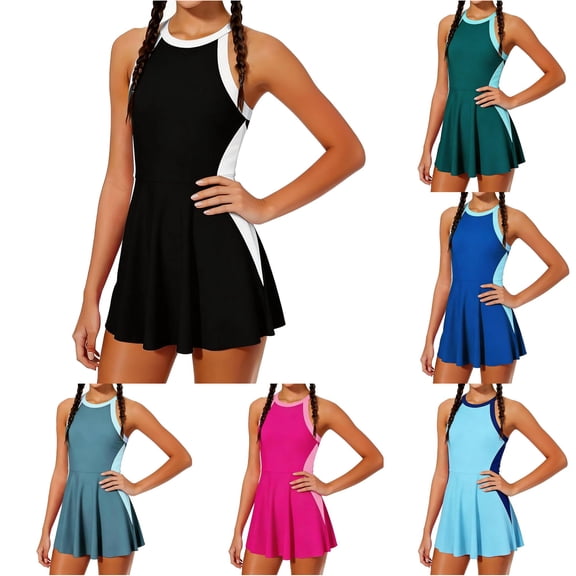 XAOFW Girl's One-Piece Swimsuits Sleeveless Color Block Swim Dress Swimwear With Adjustable Straps Summer Beachwear Water Play Breathable Bathing Suit 9-10 Years