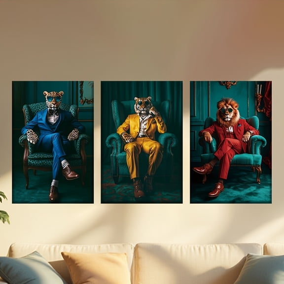 [2D Flat] 3pcs Set of Unframed Canvas Art Prints - Stylish Suit Leopard, Siberian Tiger & Lion - Classic Portrait Wall Decor for Living Room, Office, Library, Bar, Cafe - Perfect Gift for Birthdays,