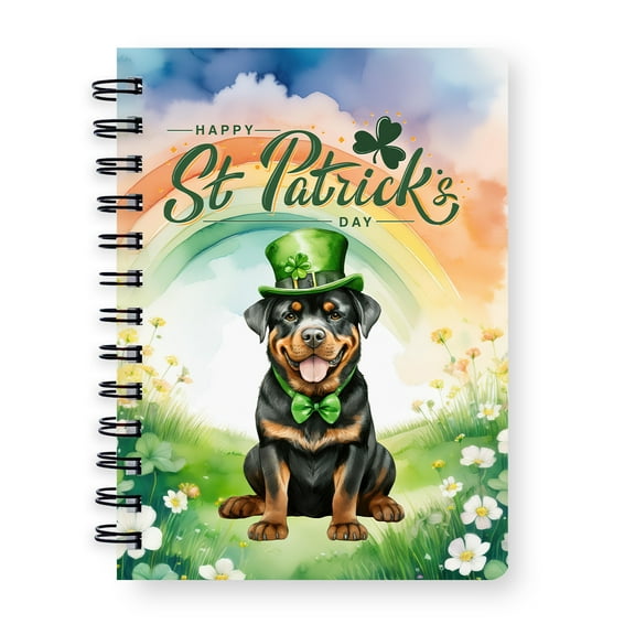 Happy St. Patrick’s Day Rottweiler with Green Hat Shamrocks Rainbow Spiral Bound Journal Rottie Dog Lover Gifts Idea 5x7in Spiral Notebook - 03007