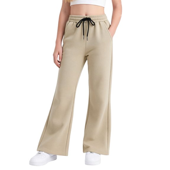 Girls Drawstring Elastic Waist Wide Leg Sweatpants, Solid Color Soft Stretch Kids Bell Bottom Jogger Trousers for Spring Autumn Daily Casual School Wear(Khaki,7-8 Years)