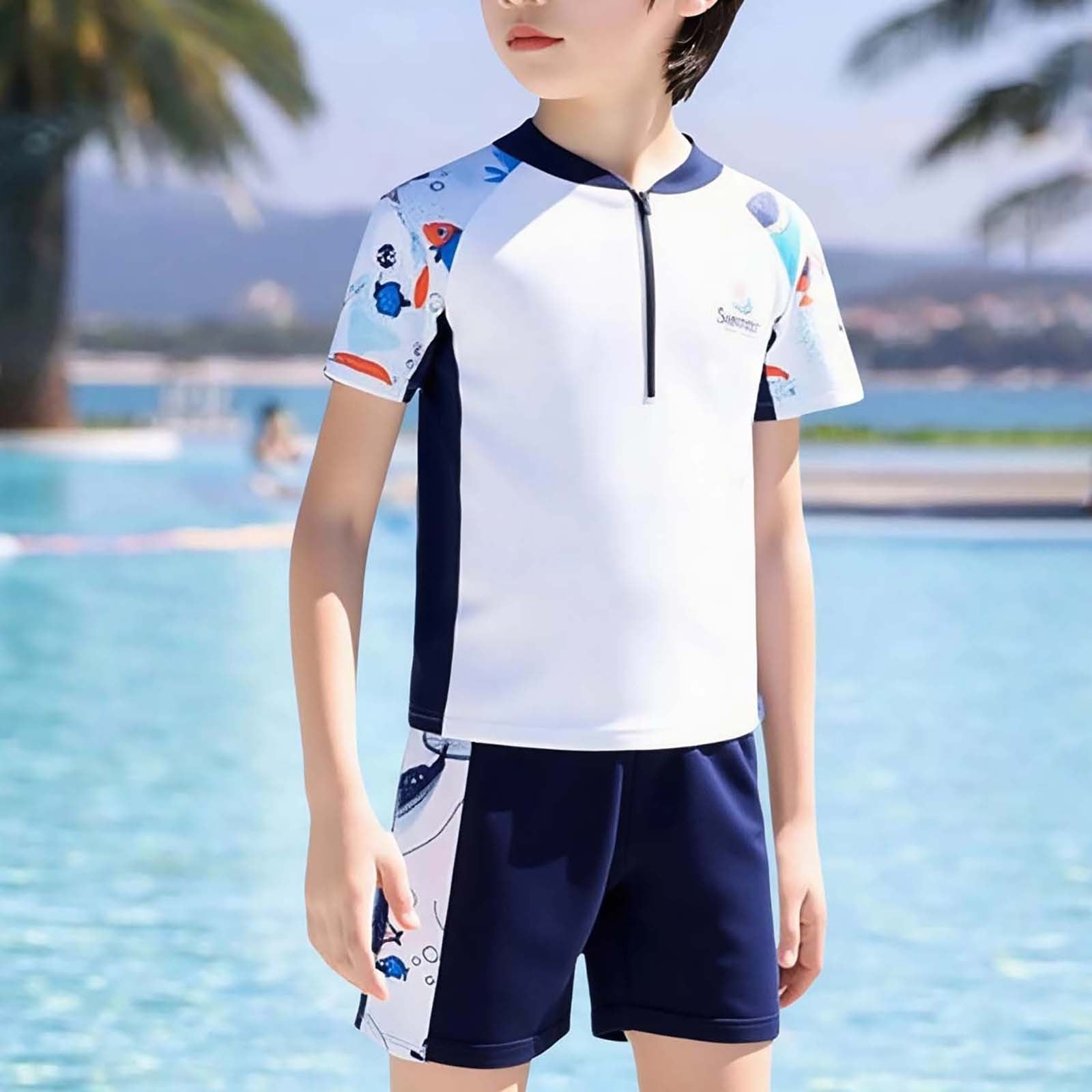 Shadoumai Kids Swimming Suit Stretch Swimwear Set Boys Swim Shirt and Shorts Set Kids Bathing Suits